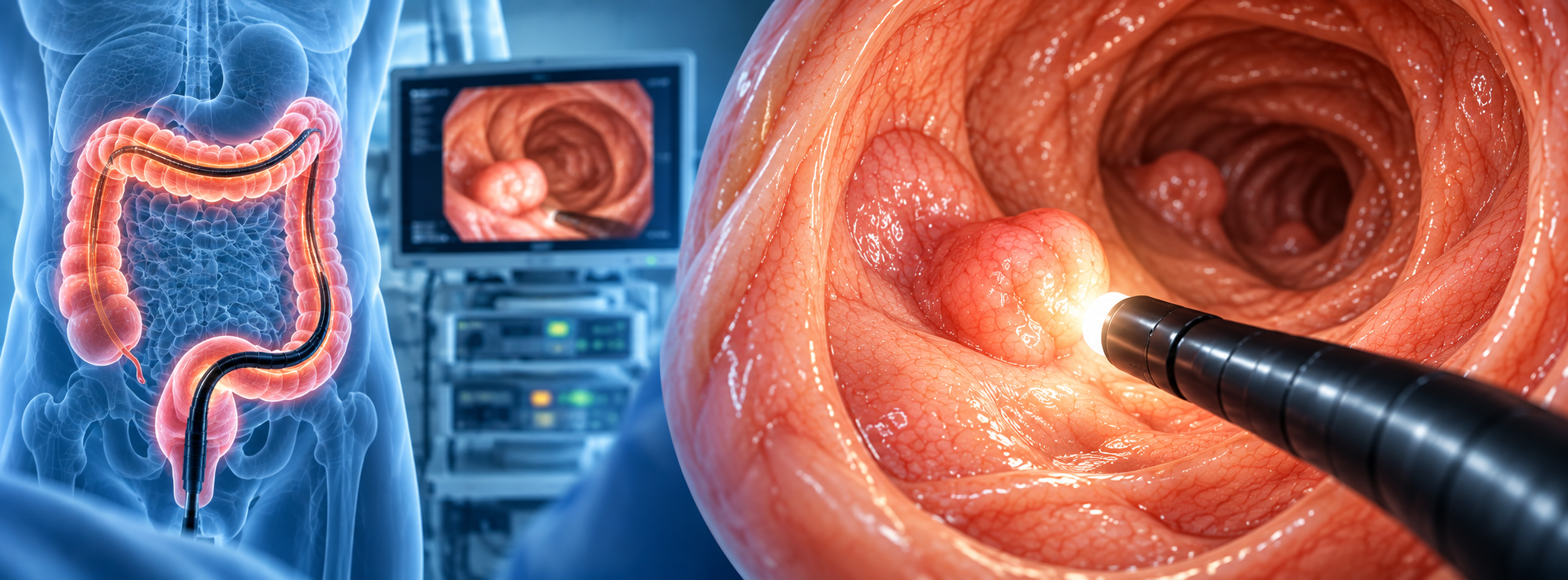 Visualização endoscópica da mucosa do cólon com identificação de lesão e pólipo para prevenção precoce do câncer colorretal