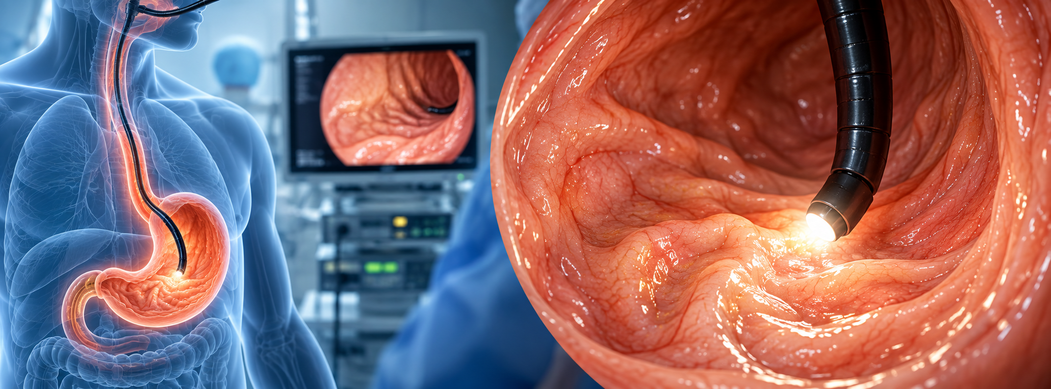 Diagrama anatômico e ilustrativo da endoscopia digestiva alta destacando esôfago, estômago e duodeno com o endoscópio flexível
