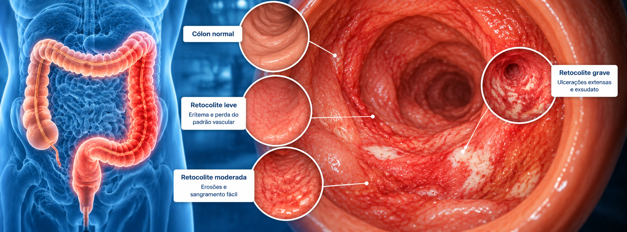 Diagrama esquemático médico do cólon e reto demonstrando o padrão de inflamação contínua da mucosa intestinal na retocolite ulcerativa
