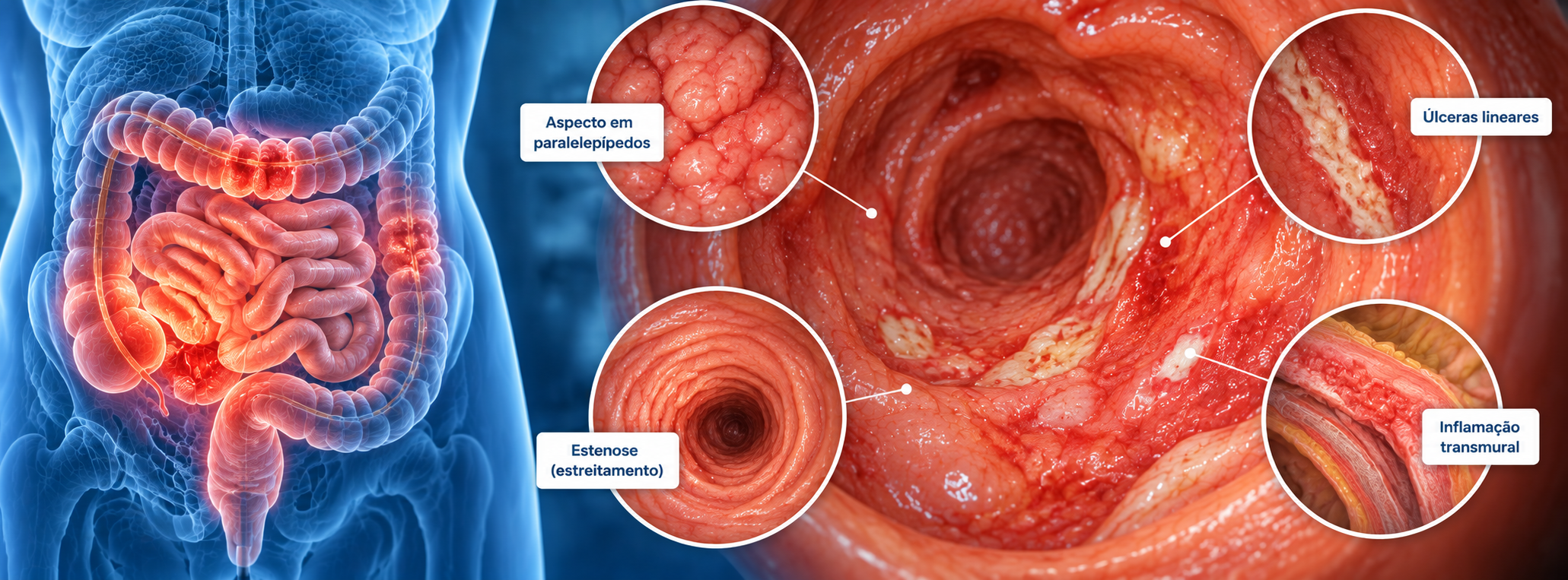 Diagrama esquemático médico do trato digestivo evidenciando áreas de acometimento da Doença de Crohn do íleo terminal ao cólon