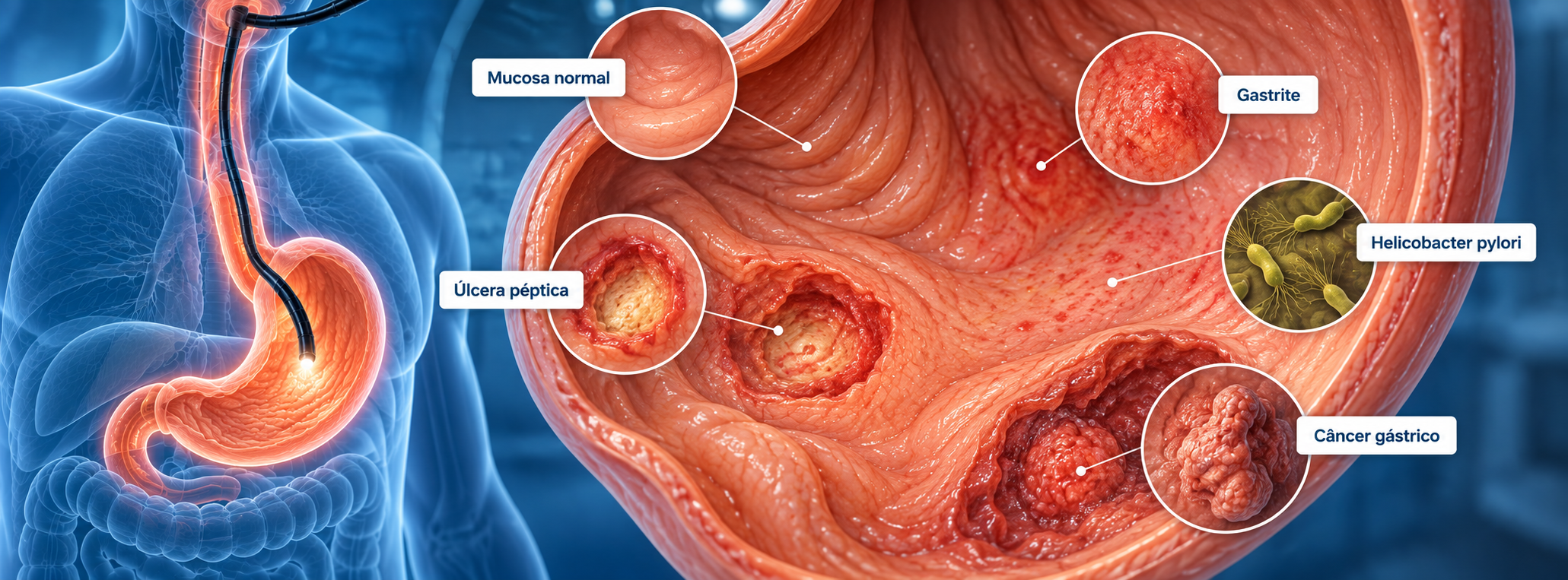 Diagrama médico esquemático ilustrando a anatomia do estômago, a mucosa gástrica e o balanço entre fatores agressores e mecanismos de defesa